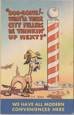 Comic PC Dog Peeing on Barber Pole Artist Signed Irby 1945