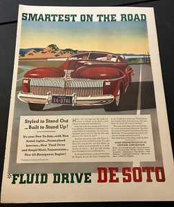 Red 1942 DeSoto Custom Airfoil - Vintage Original Color Print Ad Wall Art - NICE