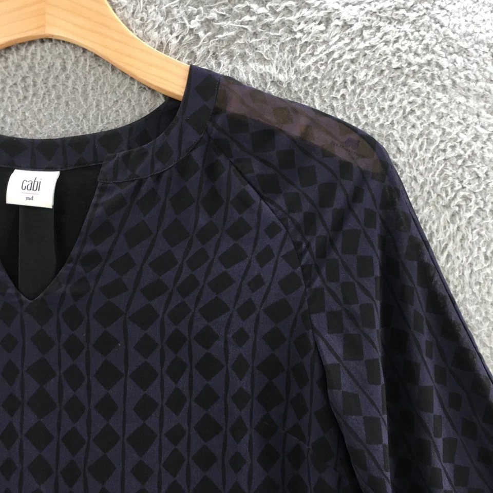 Cabi Harlequin Print Sheer Overlay Tunic Dress Womens M Black Purple Long Sleeve - Image 3 of 4