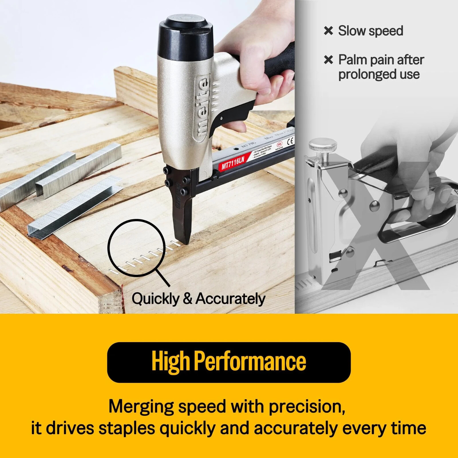 meite Pneumatic Upholstery Stapler MT7116LN Fine Wire Stapler with Long Nose