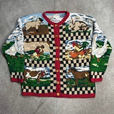 Susan Bristol Vintage 1995 Hand Knit Farm Animal Cardigan Sweater Womens Large
