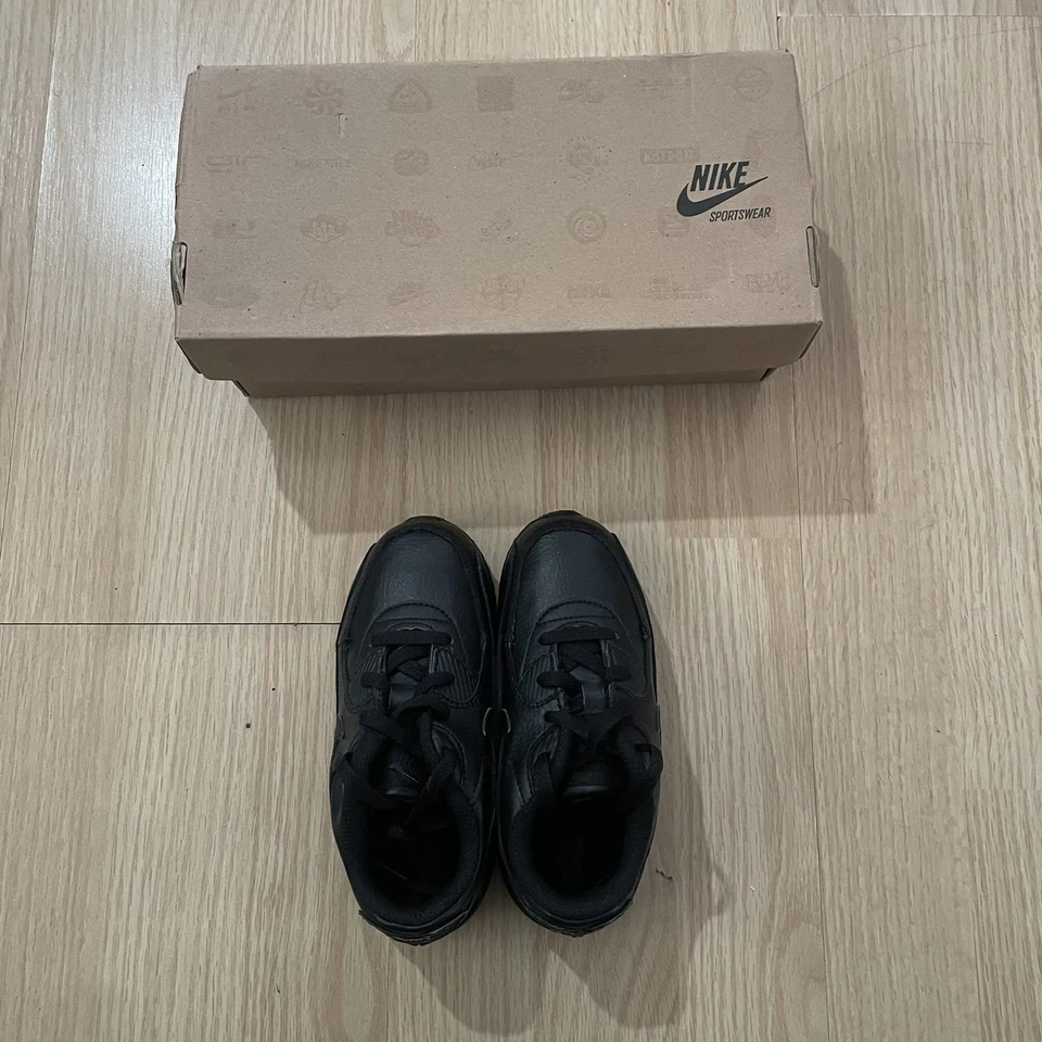 Zapatos de cuero negros Nike Air Max 90 (TD) para niños pequeños / 408110 002 / Talla 9.5C NUEVO Foto 3 de 4
