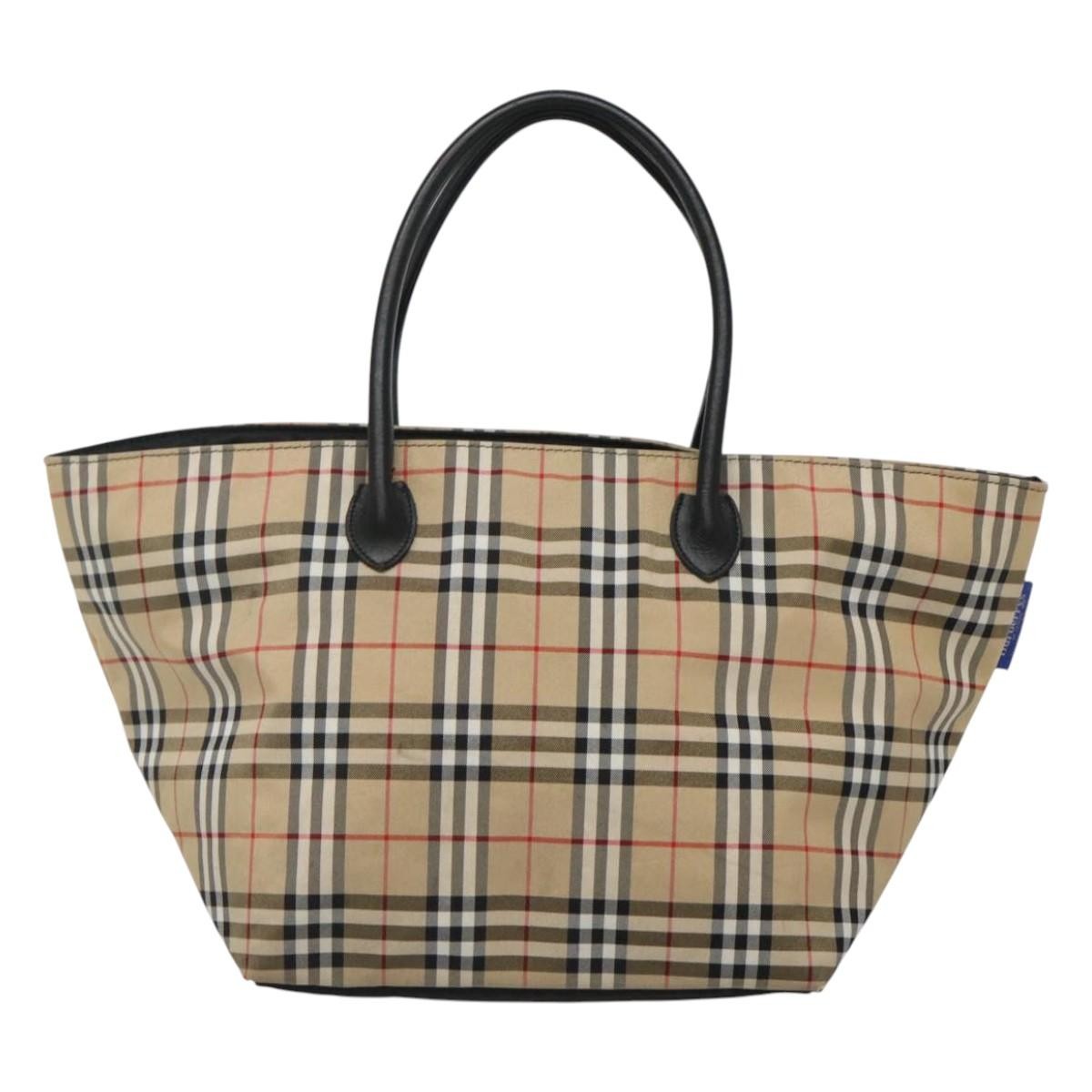 Burberrys Nova Check Blue Label Tote Bag Nylon Beige Silver Auth