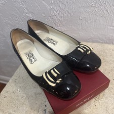 Vtg Salvatore Ferragamo Tessy Black Patent Leather Flats Lucite Buckle Size 9 D