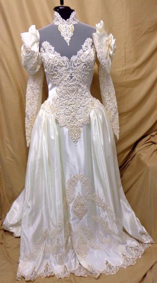 Victorian Wedding Dresses Satin High Neck Long Sleeve Lace Applique Bridal Gown - Image 3 of 4