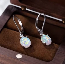 White Fire Opal Dangle Earring Silver Drop Hoop Daily Women Earrings gift