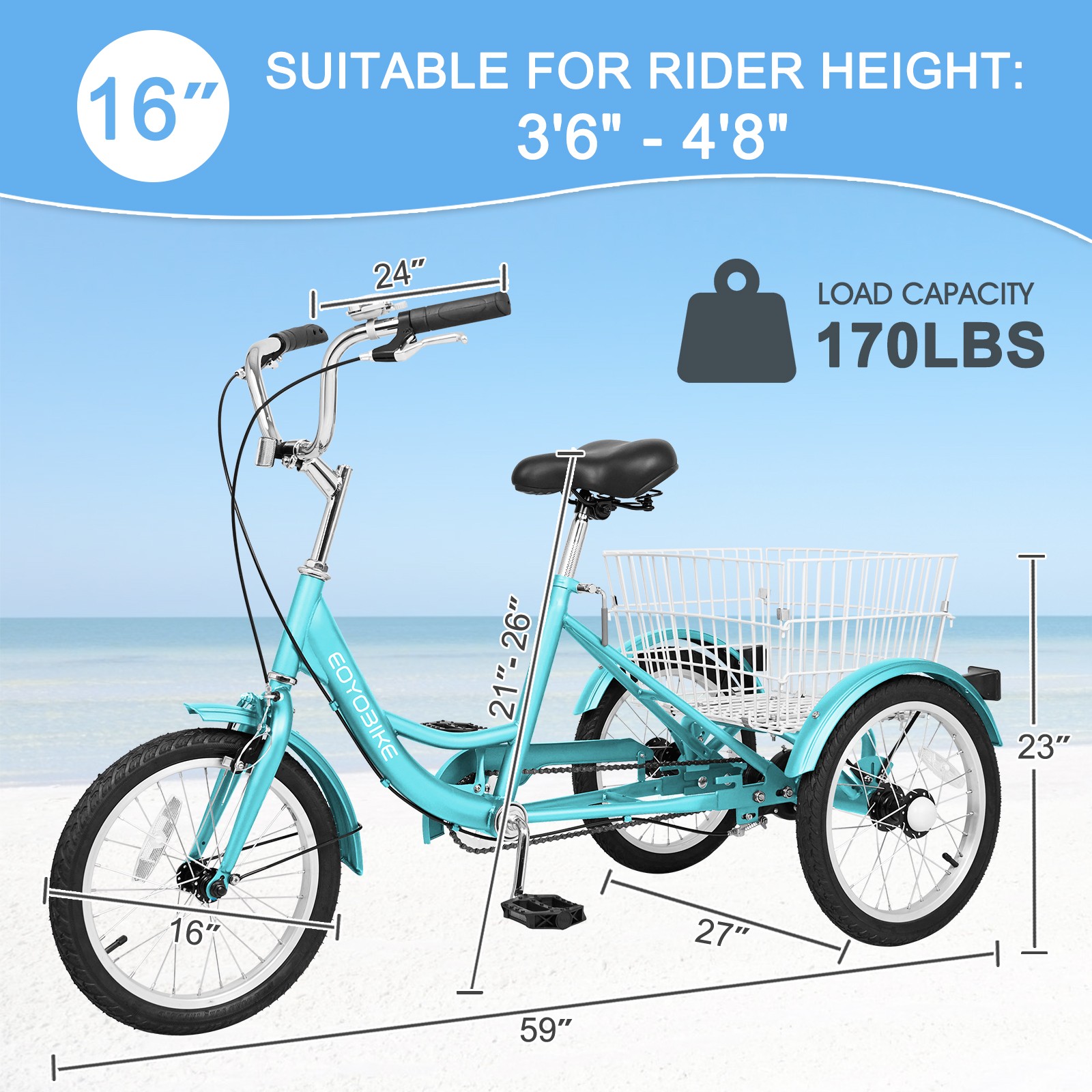 16 inch Tires Tricycles Lightweight Trike with Large Rear Basket for Kids Riding