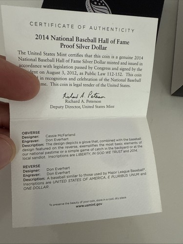 RARE 2014 P MLB Baseball Hall of Fame Proof Silver Dollar HOF Coin Box + COA - Picture 6 of 7