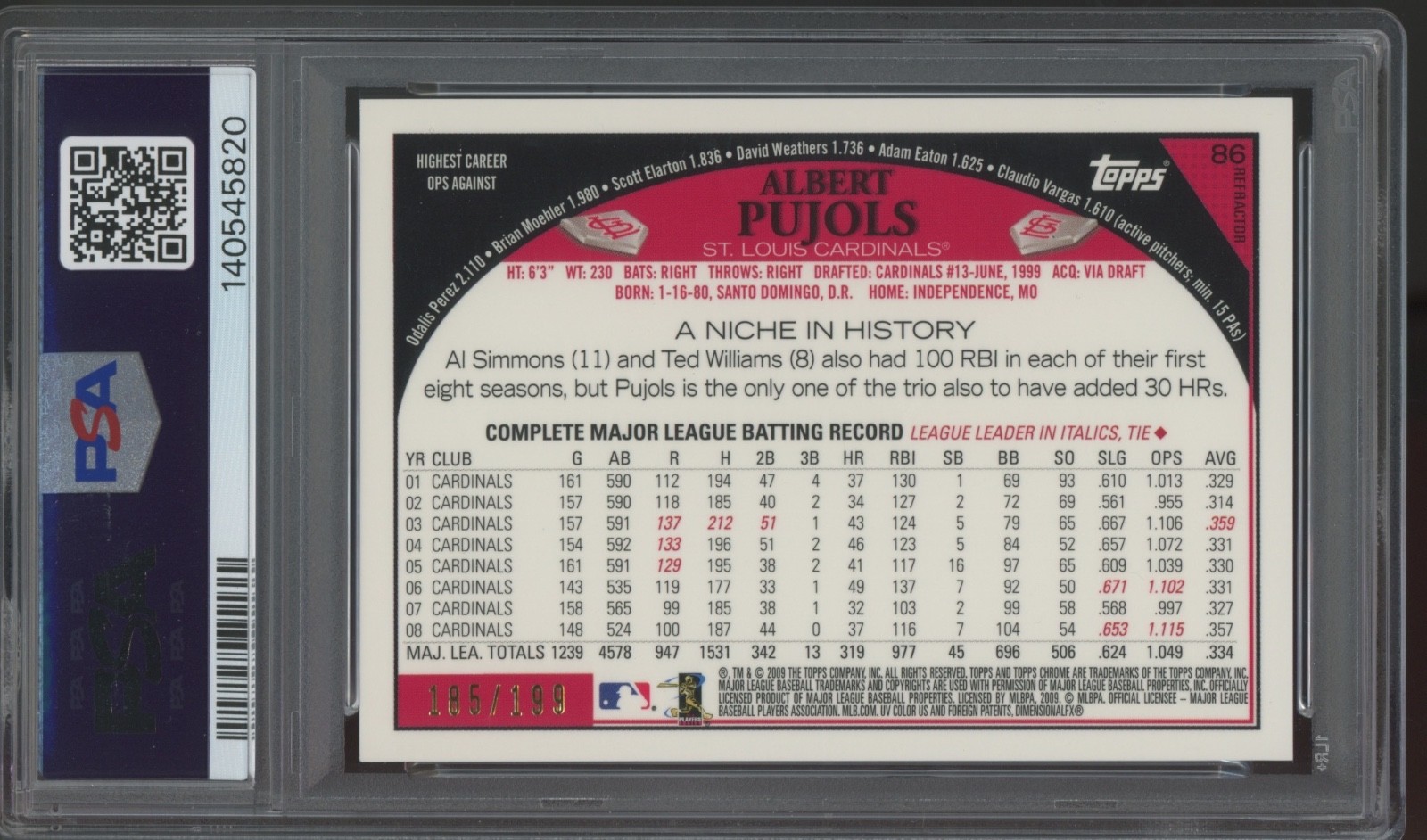 2009 Topps Chrome Blue Refractor #86 Albert Pujols /199 Gem Mint PSA 10  view 2