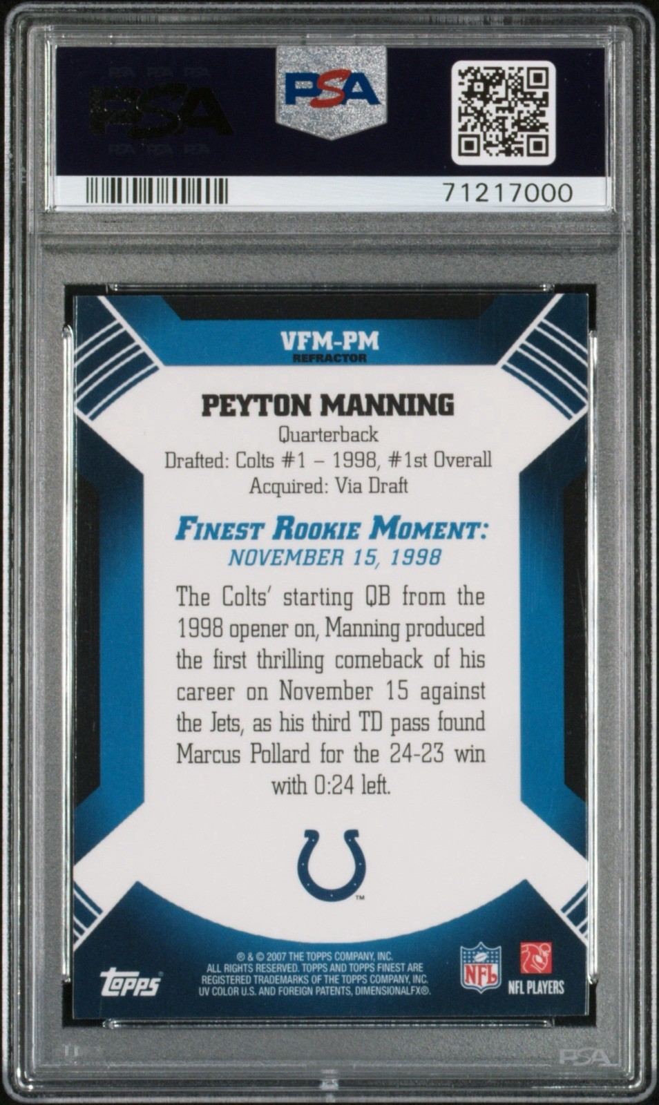 Peyton Manning Refractor SSP PSA 10 GEM MINT 2007 Topps Finest Rookie POP 23 view 2