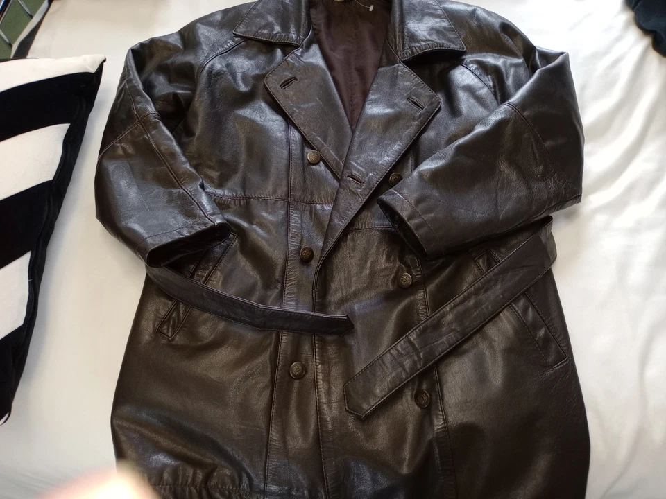 Abrigo estilo chaqueta bolsillos vintage años 70 damas cuero marrón con cinturón talla 8 aturdedor Foto 4 de 4