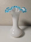 Vintage Fenton Vase Aqua Crest - White Milk Glass w Light Blue Ruffled Edge 8”