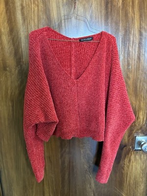 TRW Boutique Women s Size M Red Soft Cropped VNeck Oversized Sweater Boho