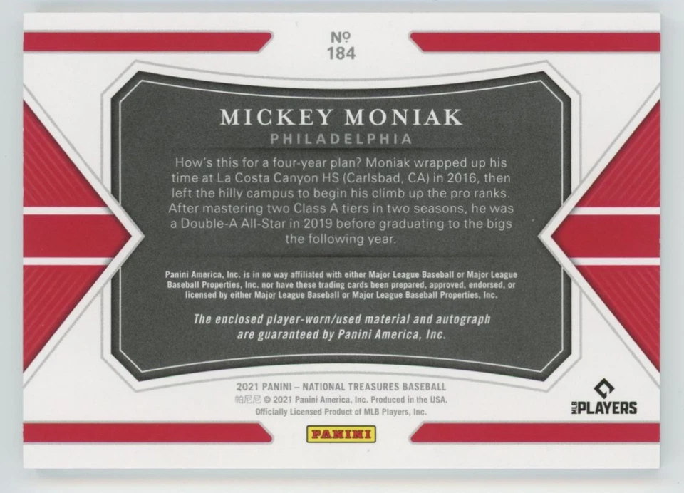 2021 Panini National Treasures Baseball Patch Mickey Moniak RC Auto /99 #184 - Image 2 of 2