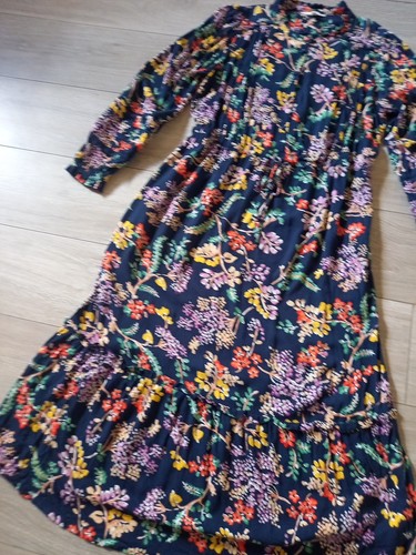 M&S Per Una Navy Blue Floral Frilled Midi Dress Flared Blogger Boho Pockets UK12 - Picture 6 of 22