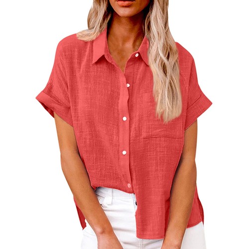 Women's Bamboo Linen Cotton Shirt Short Sleeve Casual Lapel Button Shirt Tops - Picture 49 of 63