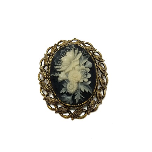 Vintage Victorian Pin Brooch Patina Goldtone Cameo Floral 2" X 2.25"