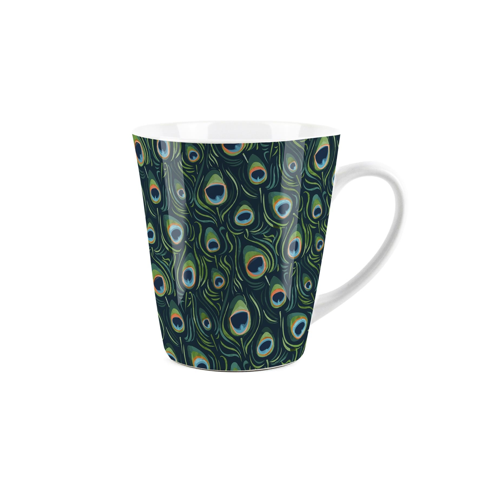 Peacock Feathers Latte Mug - Vibrant Green Bird Gift - Ceramic Latte Mug Present
