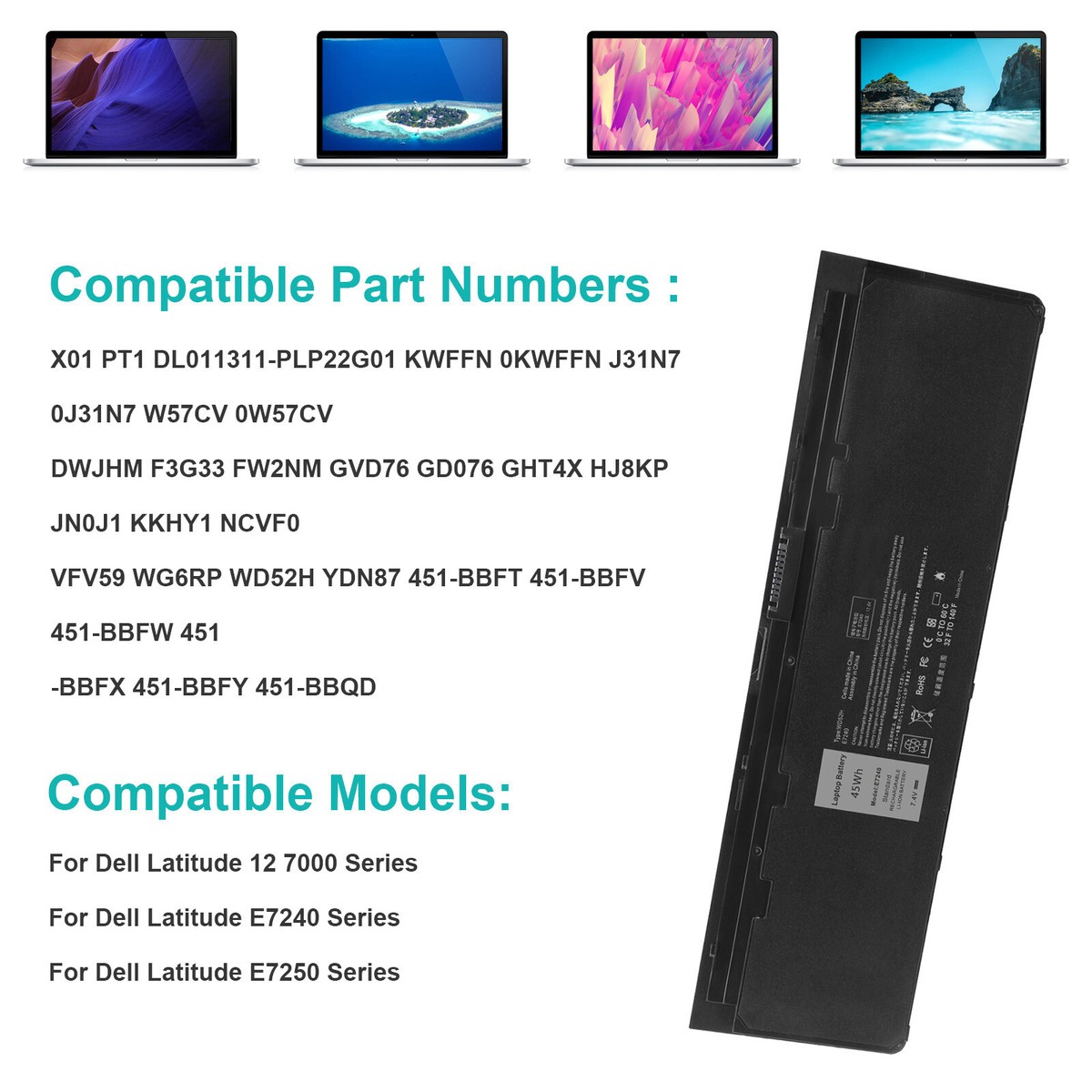 New 52WH VFV59 Laptop Battery for Dell Latitude E7240 Latitude E7250 Series Notebook GVD76 WD52H F3G33 HJ8KP W57CV 451-BBFX 451-BBFW 7.4V 4Cell
