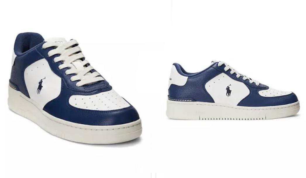 Ralph Lauren Masters Court Retro Navy Bianco Polo Pony Pelle Sneakers Uomo Nuove senza etichette