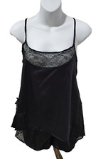 Rosie Night Black Nylon Satin Lace CAMISOLE PANTY Set BABYDOLL Lingerie Med.