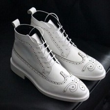 Herren Handgefertigt Schuhe Weiß Leder Schnürung Flügelspitze & Brogue Knöchelhoch Stiefel