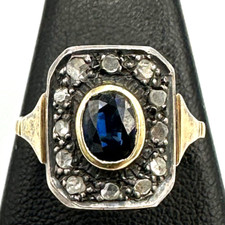 Bague Style Ancien Or Massif 18K Et Argent Avec Saphir Rosettes De Diamant