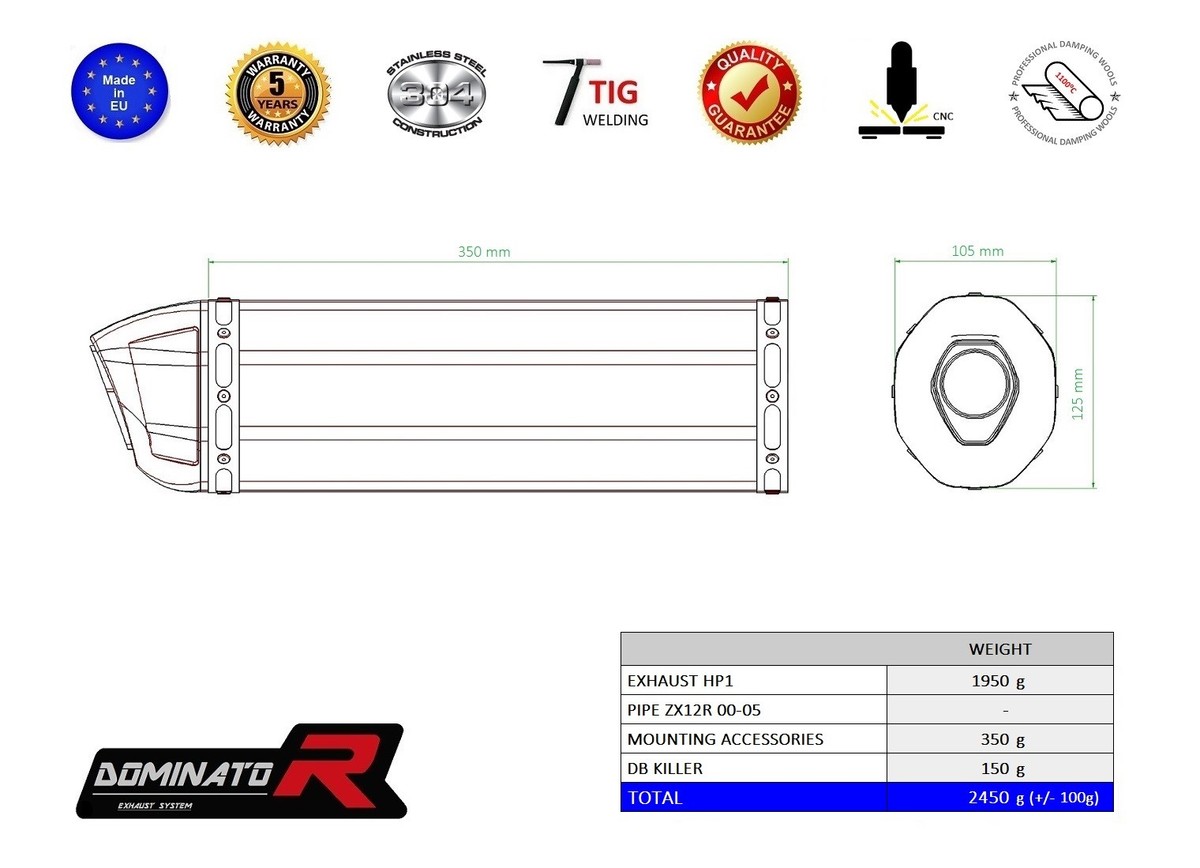 Exhaust silencer muffler DOMINATOR HP1 KAWASAKI ZX12R 00-05 + DB
