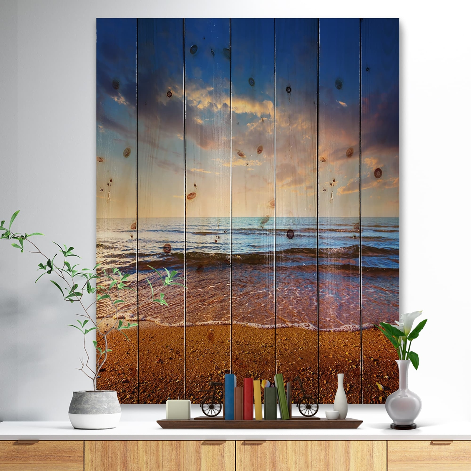 Designart 'Cloudy Skies With Vibrant Seashore' Nautical & Coastal Wood Wall Art
