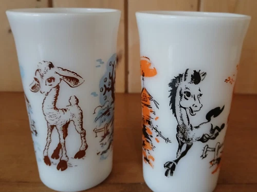 2 Vintage Hazel Atlas White Milk Glass Childs Alphabet Tumbler Cups Horse~Lamb