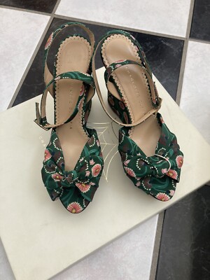 NIB 100% AUTH Charlotte Olympia Miranda 110 Crepe Geen Platform Sandal Sz 36.5