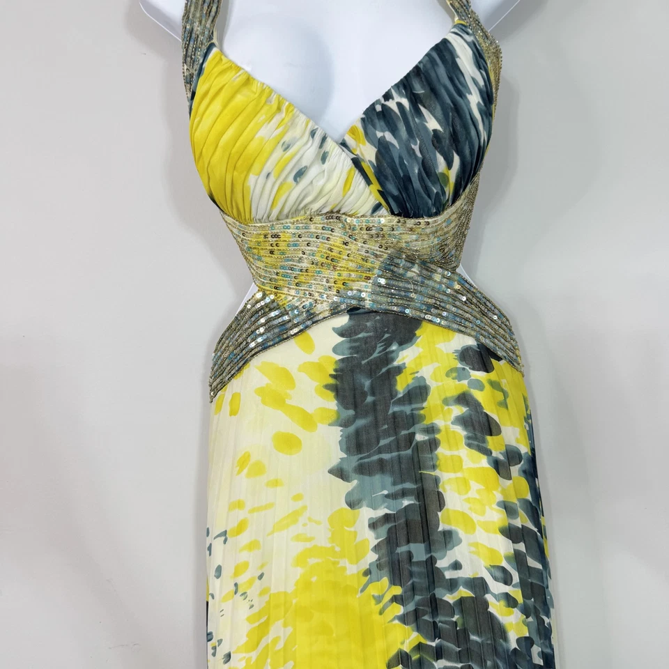 Vestido para mujer Dave & Johnny amarillo gris con cuentas lentejuelas halter espalda cruzada vestido Y2K Foto 2 de 4