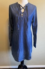 TRUE RELIGION Size S Blue Chambray Denim Lace-Up Roll-Tab Sleeve Dress $159 NEW