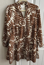 THML Women's Mini Tiered Dress Long Sleeves Brown White Tropical Pockets Sz S