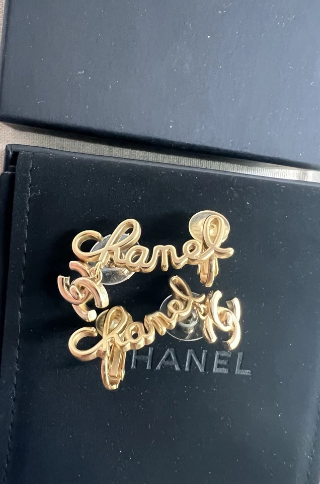 Chanel CC Logo Gold Tone Cursive Ear Crawler Cuff Clip-On Earrings - Image 2 of 4