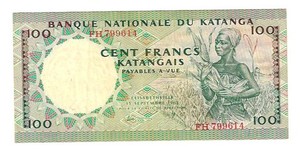 Billet du KATANGA , CONGO BELGE , 100 francs  1962 -  EF, SUP