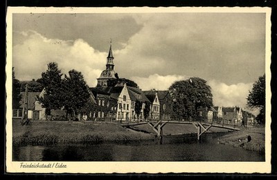 Ansichtskarte Friedrichstadt /Eider, Stadtansicht mit Kirche und Brücke 