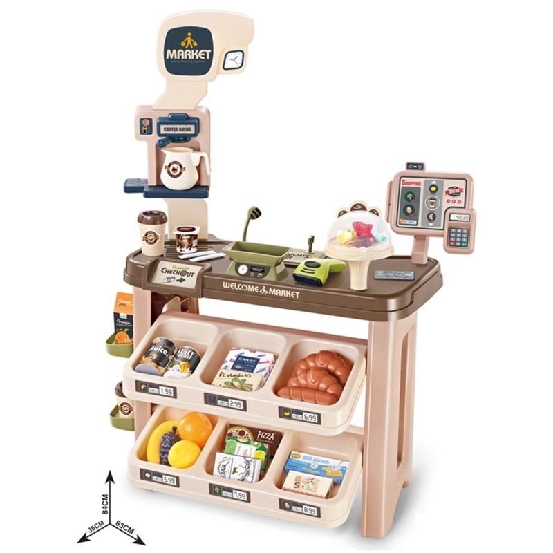 как выглядит Supermarket Playset Kids W/ Cash Register Shopping Cart 64 Play Food Pieces US фото