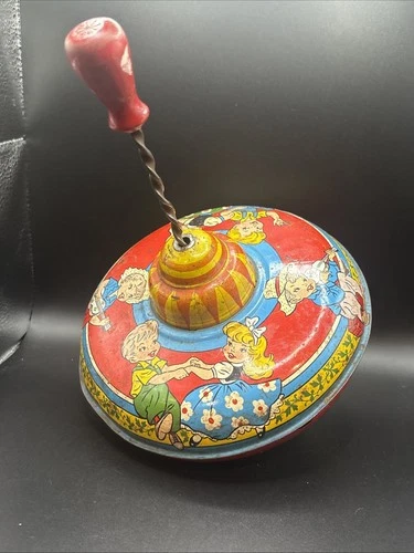 VINTAGE OHIO ART DANCING CHILDREN BOY GIRL METAL TIN SPINNING TOP TOY