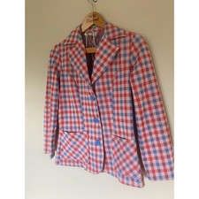 Vintage Sears Primary Colors Womens Poly Blazer Red Blue Plaid Small 60s 70s