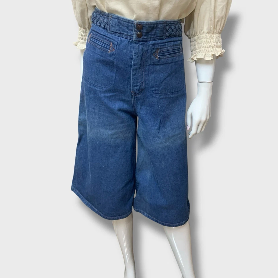 Pantalones Cortos De Colección Años 70 Cintura Alta Pierna Ancha Trenzados Denim Coulotte Talla 12 14 Foto 2 de 4