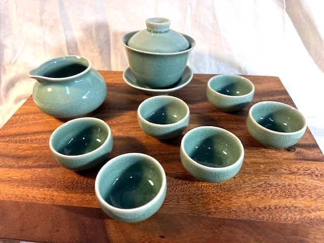 Conjunto de chá Celadon Gongfu Han Tao e bandeja de servir/tábua de charcutaria, feito à mão, excelente, novo na caixa - Imagem 3 de 4