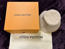 Louis Vuitton Monogram Denim Bucket Hat Beige Fringed M7594S New with Box 7651AK