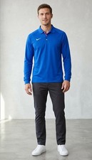 Nike Men's Solid Polo Shirt Blue L Long Sleeve FIT DRY Logo Button Breathable