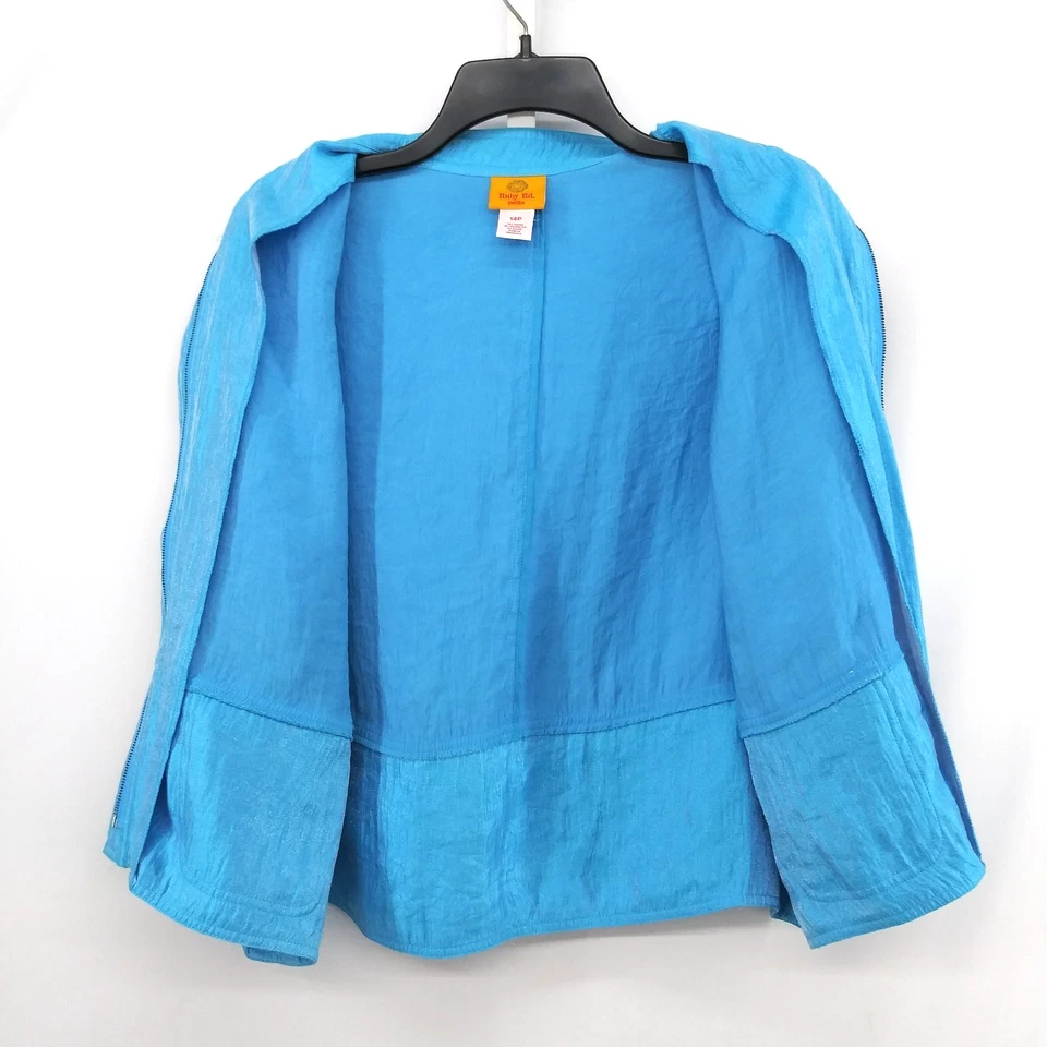 Ruby Rd Jacket Women Size 14P Aqua Blue Shimmer Short Sleeve Band Collar Zip Up - Image 3 of 4