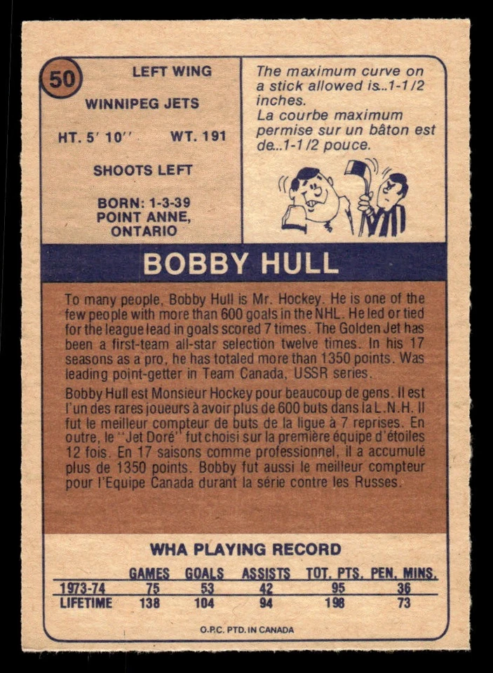 1974-75 O-Pee-Chee WHA #50 Bobby Hull - Image 2 of 2