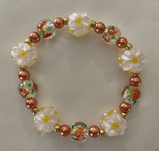 Ladies Beautiful Orange Yellow Floral LampWork Beaded Stretch Bracelet 7.25