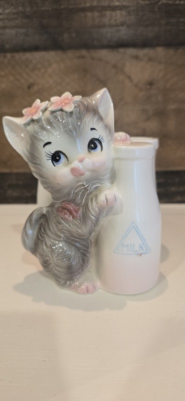 Vintage RARE Japan Cat Planter Gray Kitten w Milk Bottle Napco Lefton Norcrest 
