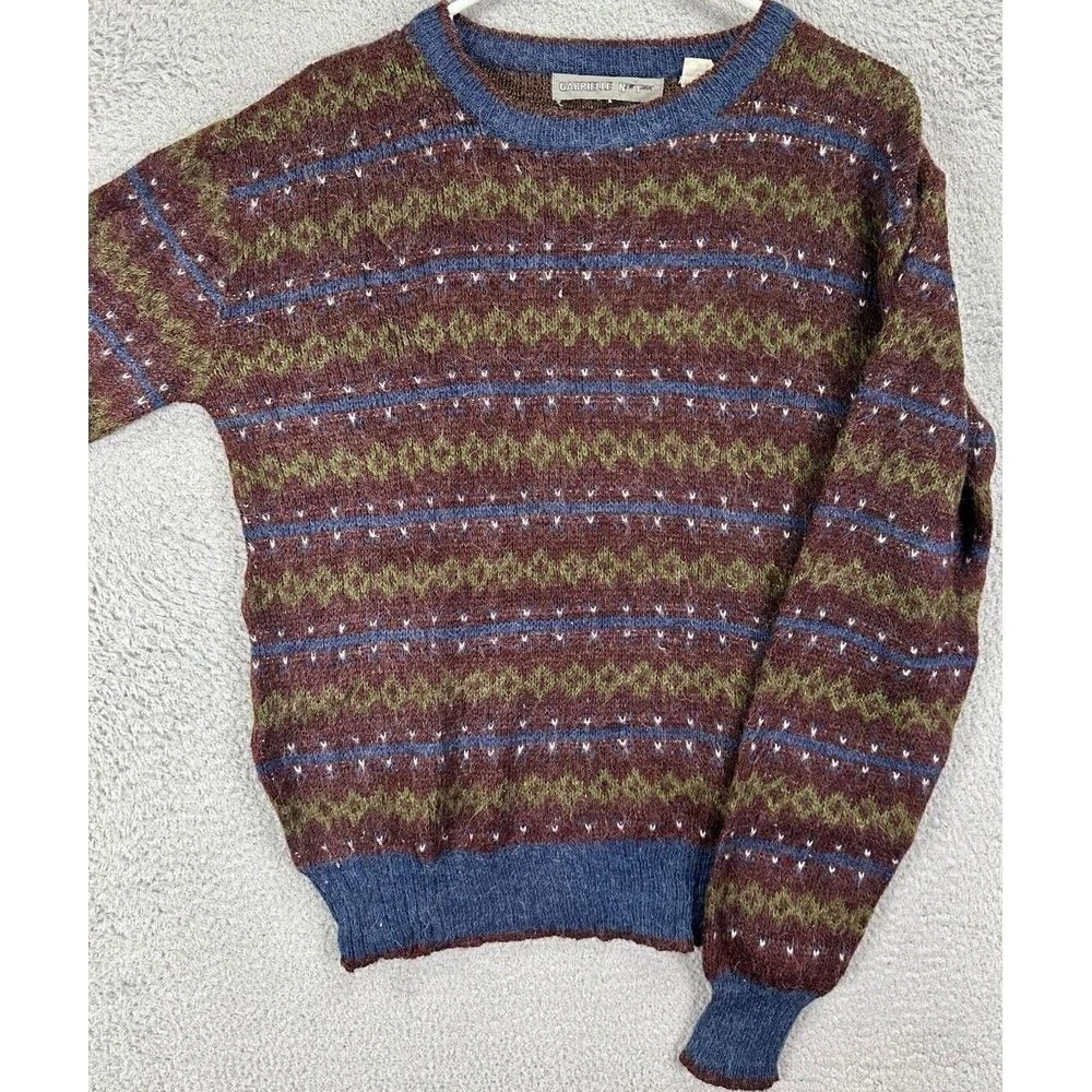 Gabrielle New York Wool Blend Sweater Mens Large Brown Gren Fair Isle Casual EUC