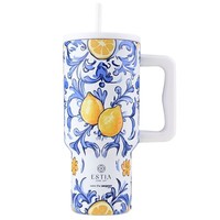 Thermobecher Isolierbecher Trinkbecher Mit Strohhalm Und Deckel 900 Ml Blau Weiß